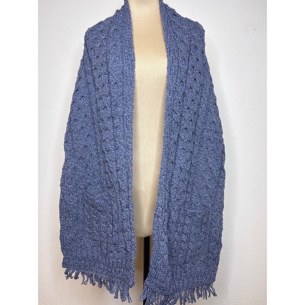 Aran Woollen Mills Womens Poncho Cable Knit Merino Wool One Size Blue Irish Cozy